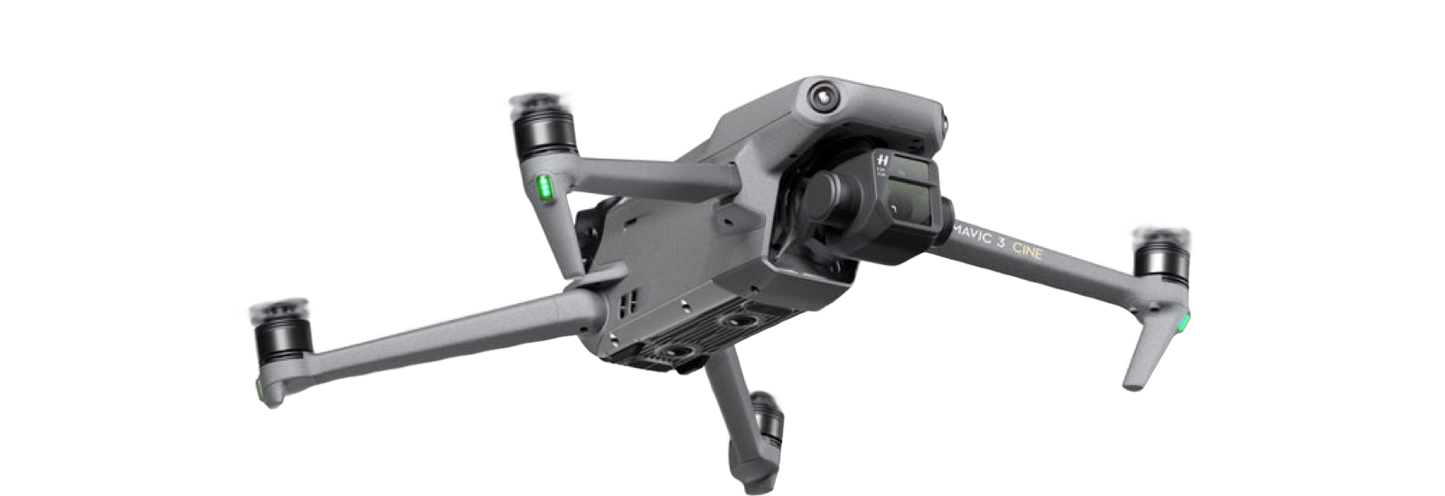 DJI Mavic 3 Cine banking in flight, seen from below with its gray folding arms extended