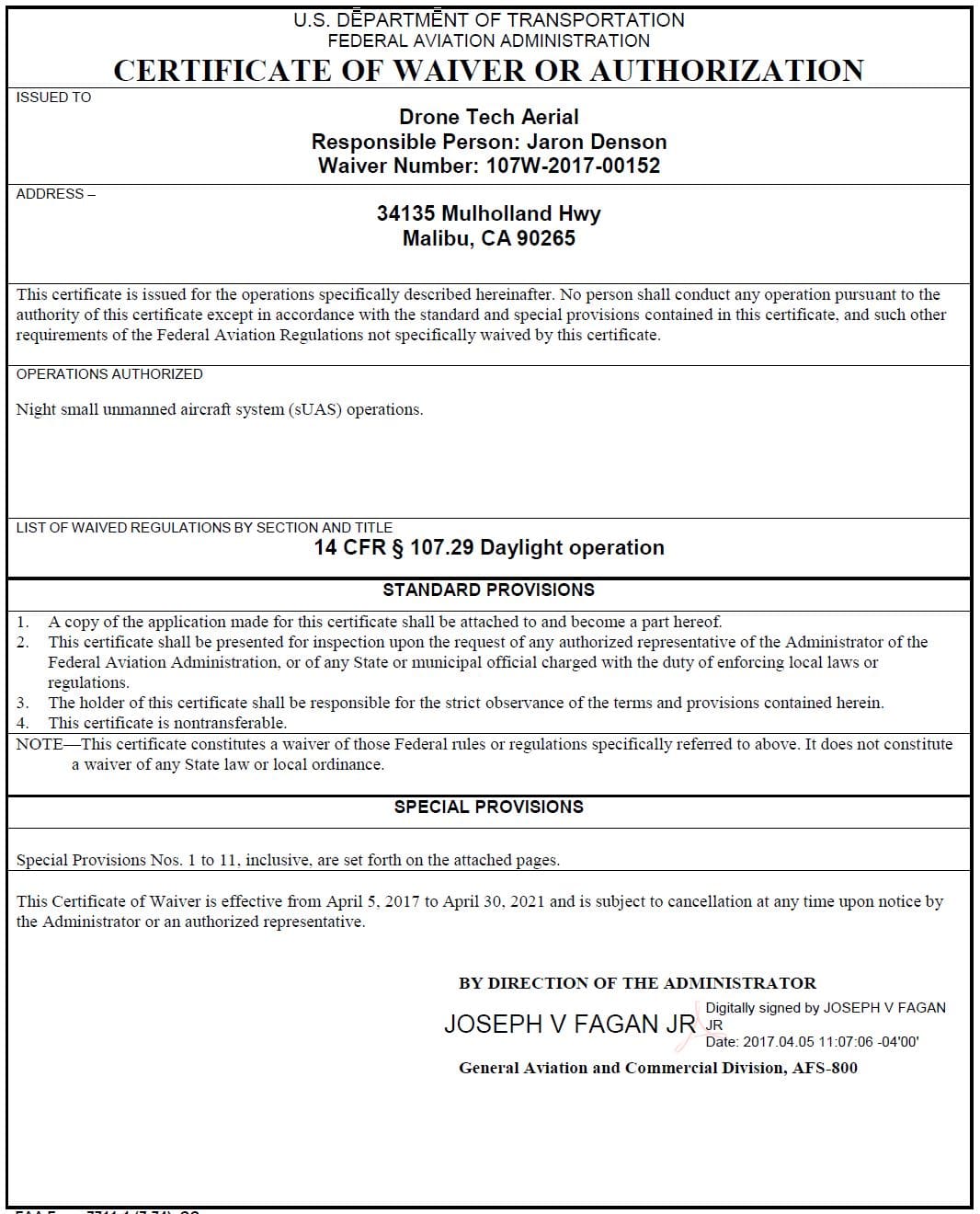 We Have the FAA Part 107 Night Waiver for our Part 107 Legal Pilots