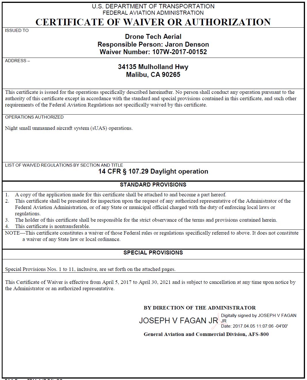 faa part 107 waivers granted